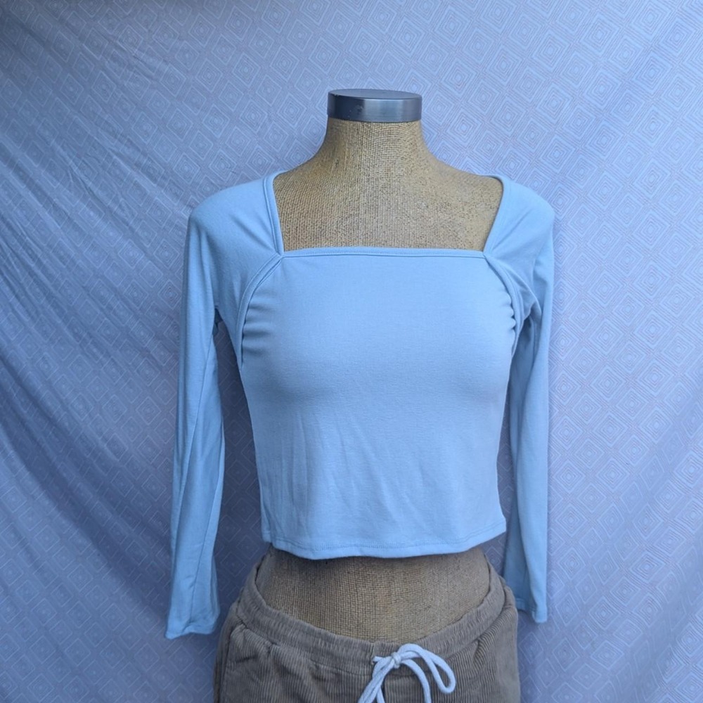 RSQ Crop Top Women XL Blue Excellent Square Neck Long Sleeve Ribbed